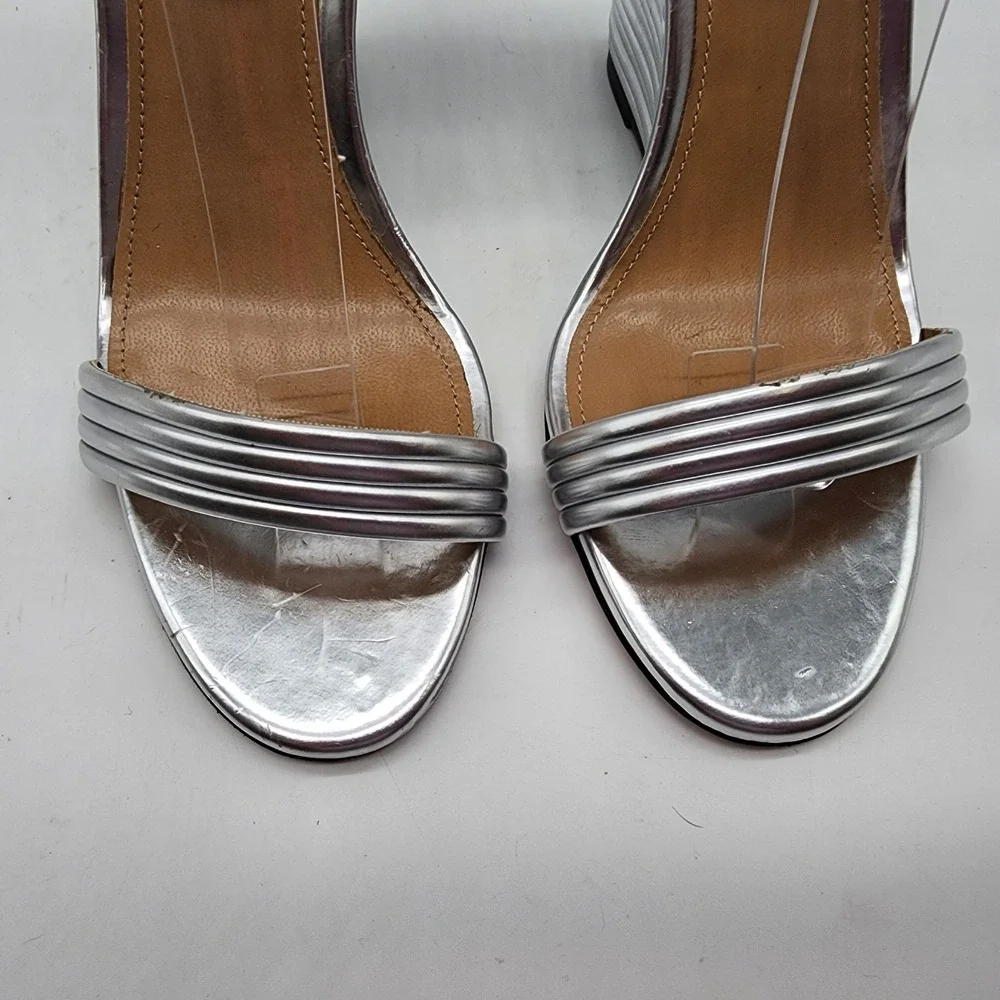 Aquazzura Wow 95 MM Metallic Silver Wedge Sandals EU 37 US 7 Ankle Strap Heels